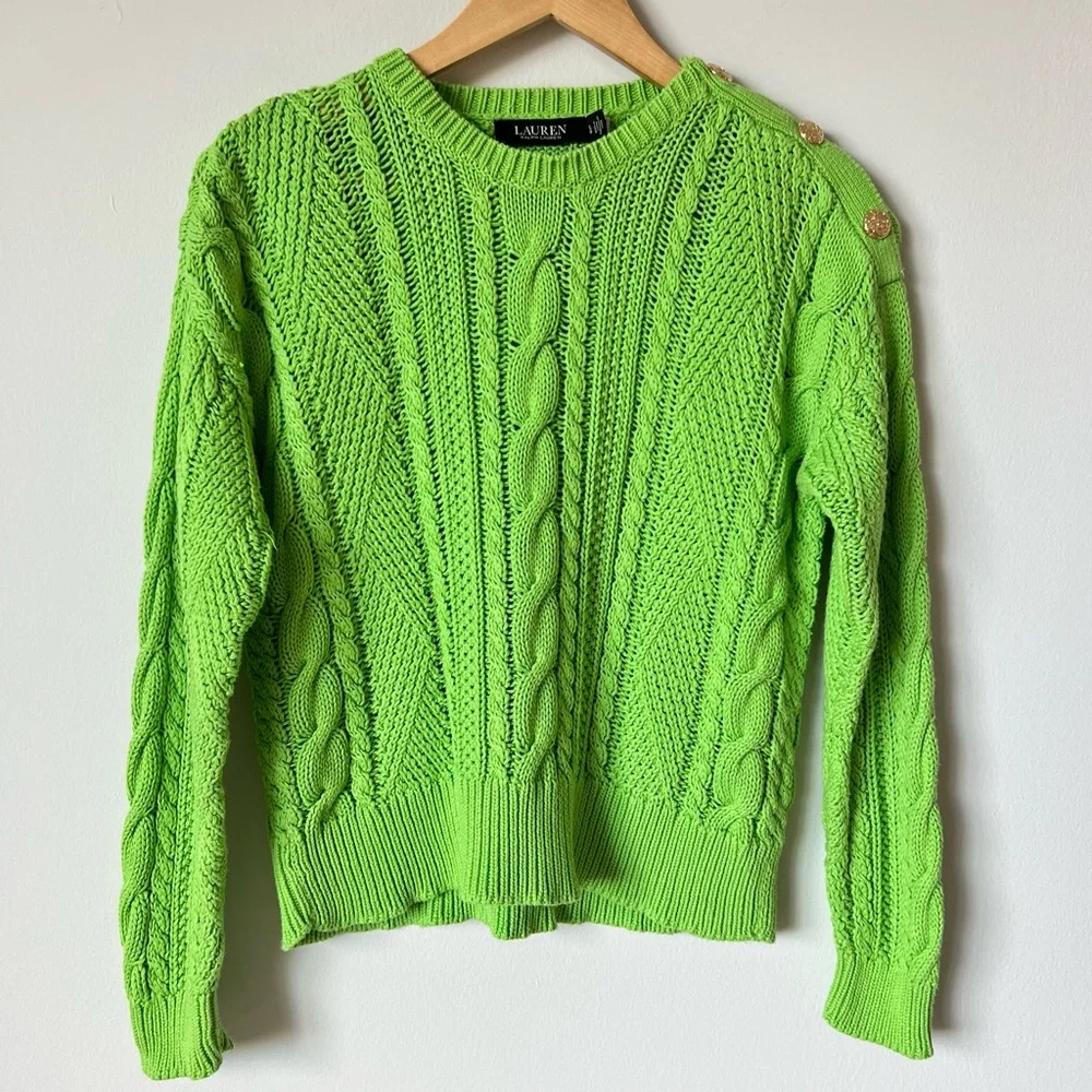 Ralph Lauren Women's Green Aran Knit Cable Knit Crewneck Cotton Pullover Sweater - Picture 3 of 7